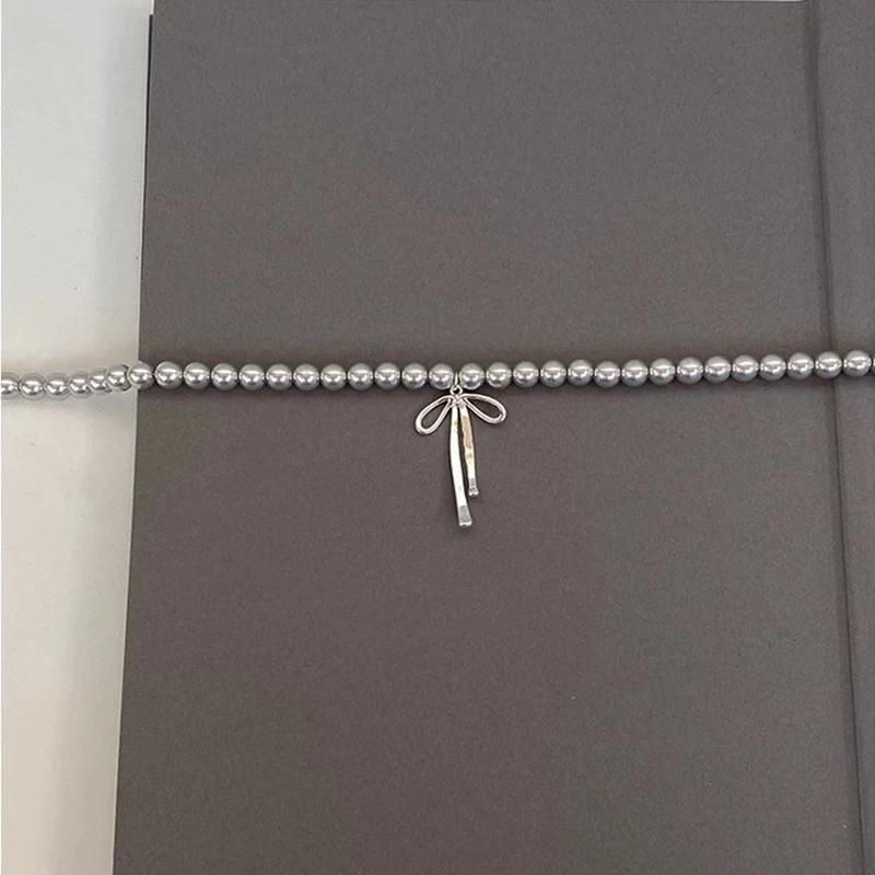 Gray Pearls Bowknot Pendant Necklace for Women Girls Graceful Butterfly Choker Chain Jewelry Gift Accessories