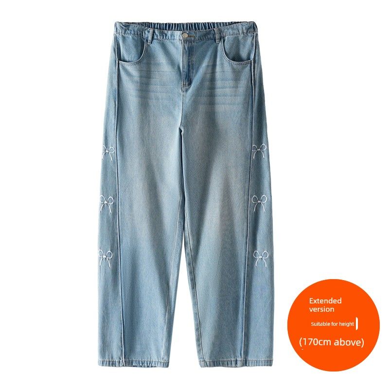 

Plus size women clothing [Curved Knife Jeans] Three Pants Length Early Autumn New Bow Embroidered High Waist Wide Leg Pants Blue (above 170cm) 36