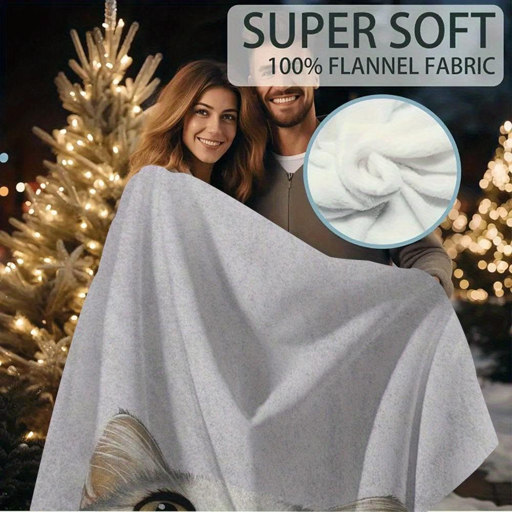 1pc 60x80 Inch Single-Sided Printed Blanket - White & Gray Cat with Green Eyes on White Background, Retro Style Cozy Soft Lightw