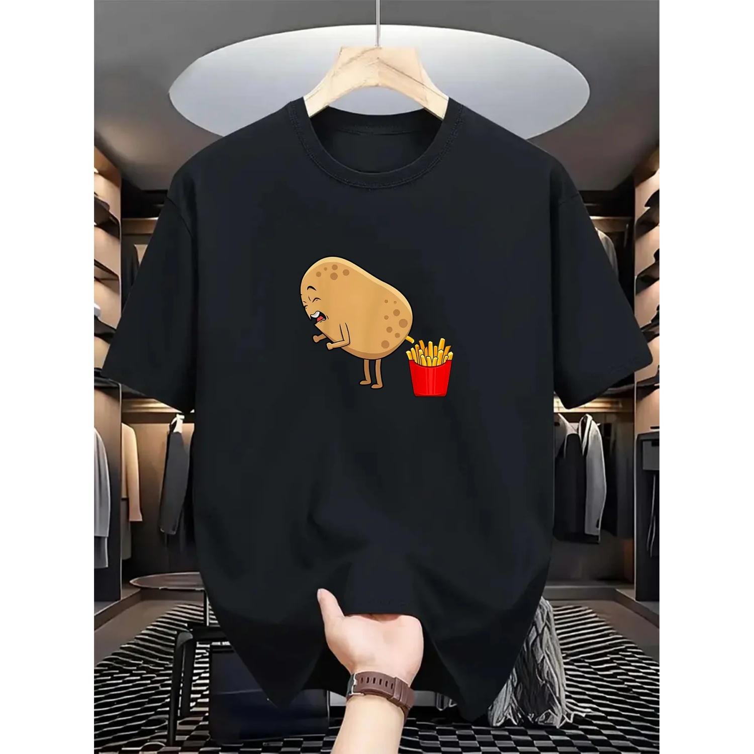 

Men S Women s Casual Crew Neck T-Shirt Polyester Knit Fabric Regular Fit Short Sleeve with Potato to French Fries Graphic S чёрный