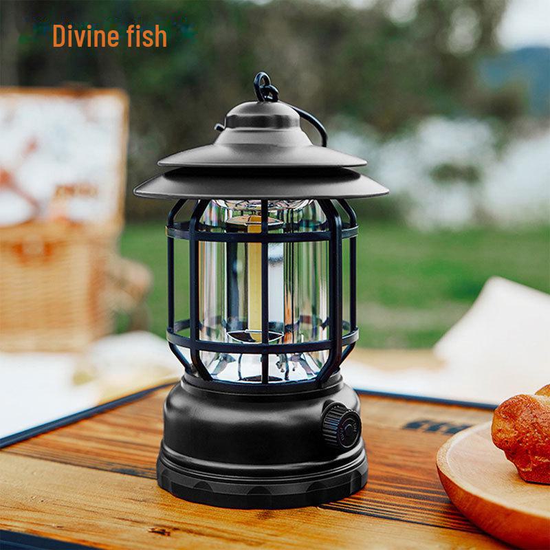 Retro LED Camping Lantern: Portable, Multifunctional, Outdoor, Type-C Rechargeable Tent Light.