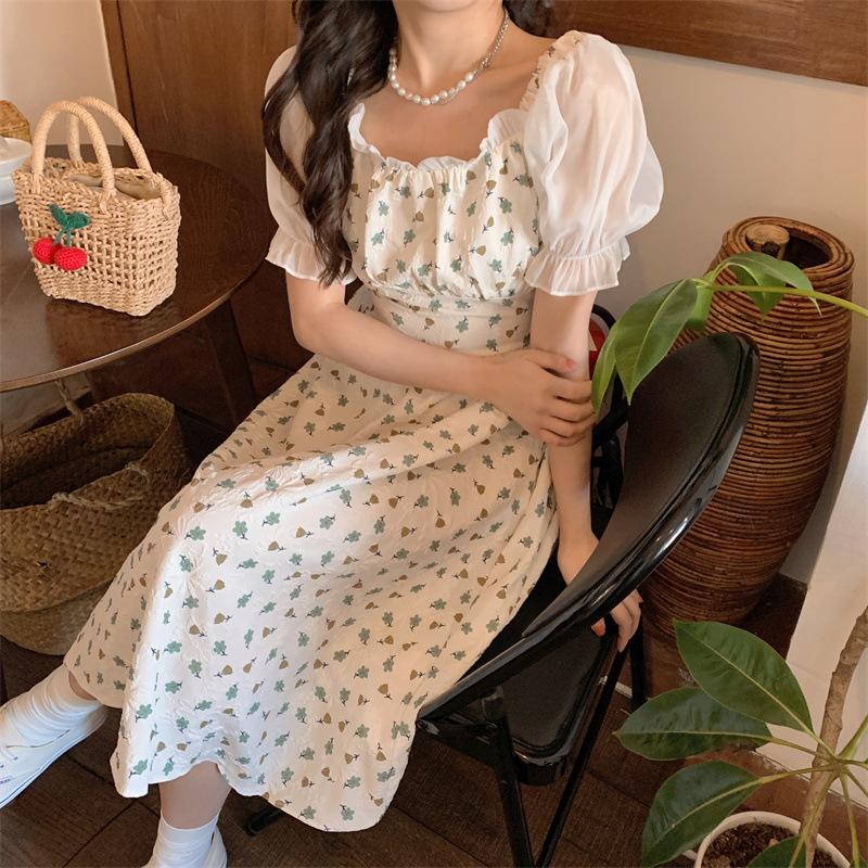 Bubble sleeve splicing floral dress summer new waist fungus edge square neck short sleeve medium and long dress women's clothing