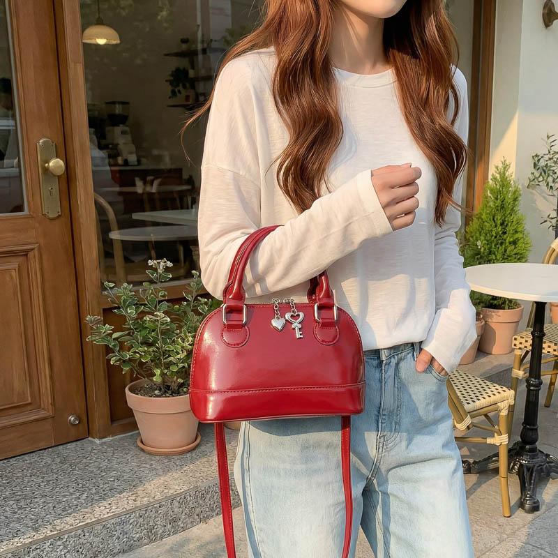 Glossy PU Handbag Women Fashion Mini Shoulder Bag Classic Oval Shape Crossbody Tote Bag