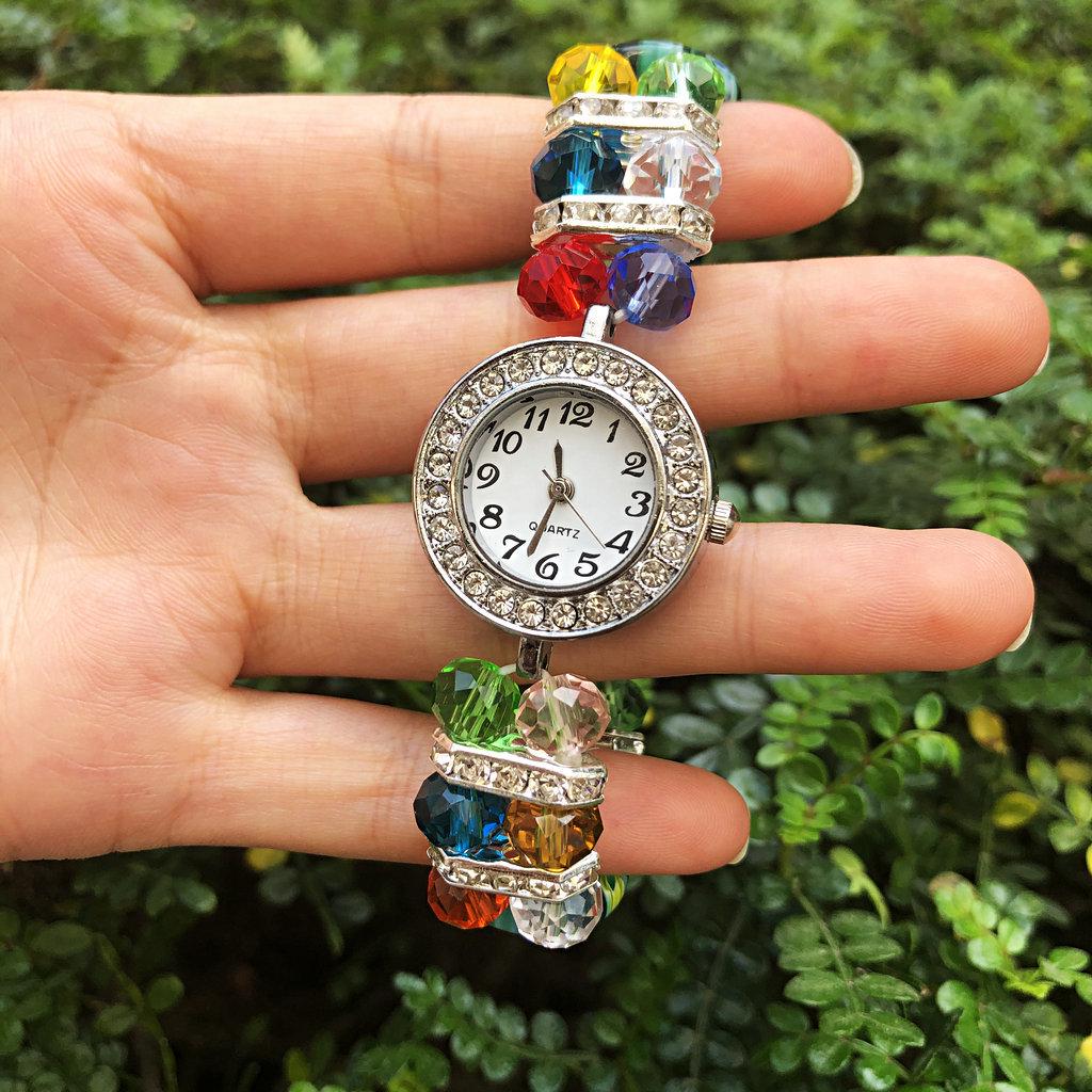 Women's Trendy Colorful Thousand Flower Bracelet Watch with Diamond Inlays