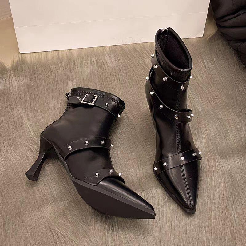 Fashion Women's Fine Heel Cotton Boots Winter New Pointy Head Back Zipper Rivet Anti-slip Wear-resistant Short Boots