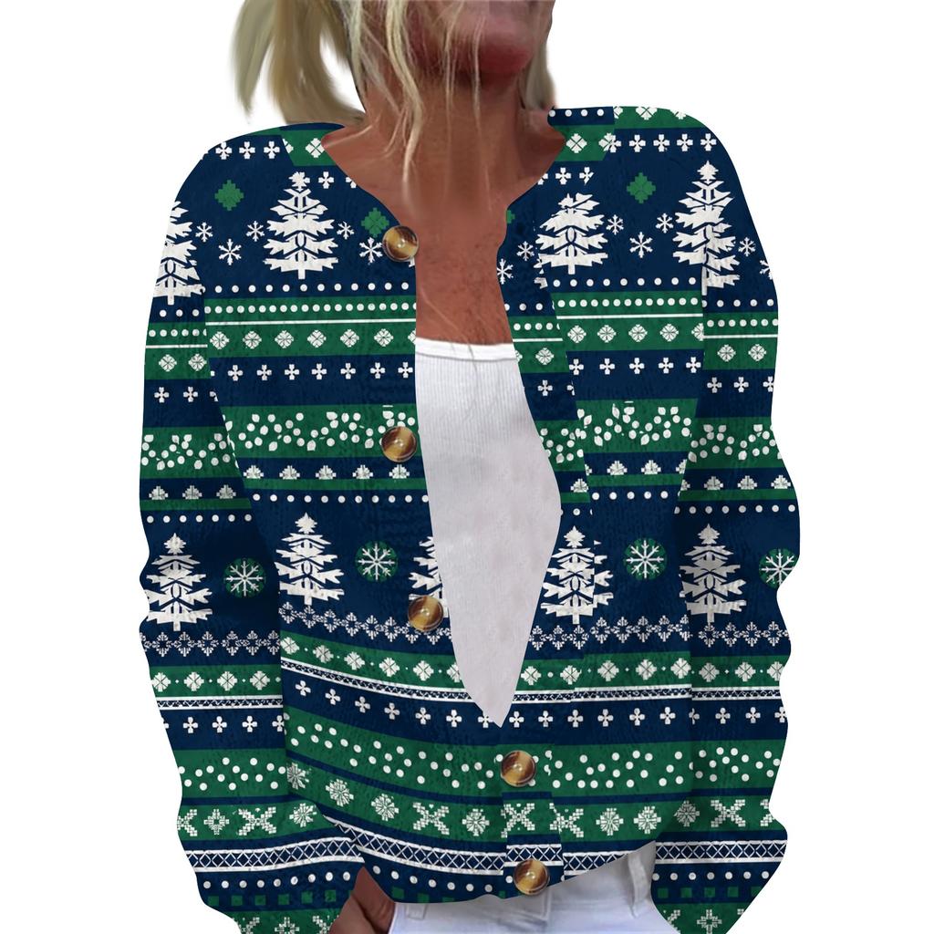 Women's Christmas Print Knit Cardigan Button Front Long Sleeve Sweater Coat for Holiday