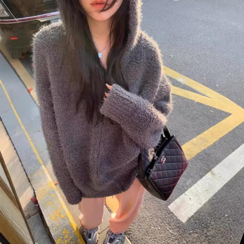 Autumn and winter new hairy hooded knitted cardigan women's loose lazy style thin zipper sweater jacket thickened tide