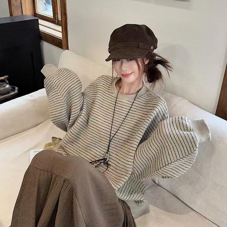 

450g composite is really super, striped contrasting color crew neck sweater, winter velvet loose warm and lazy 4 коричневий