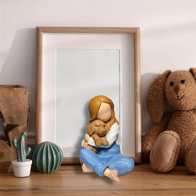 Little Girl Embraces Puppies Sculpture Resin Miniature Statue Loss of Pet Sympathy Gift for Living Room Bedroom Display