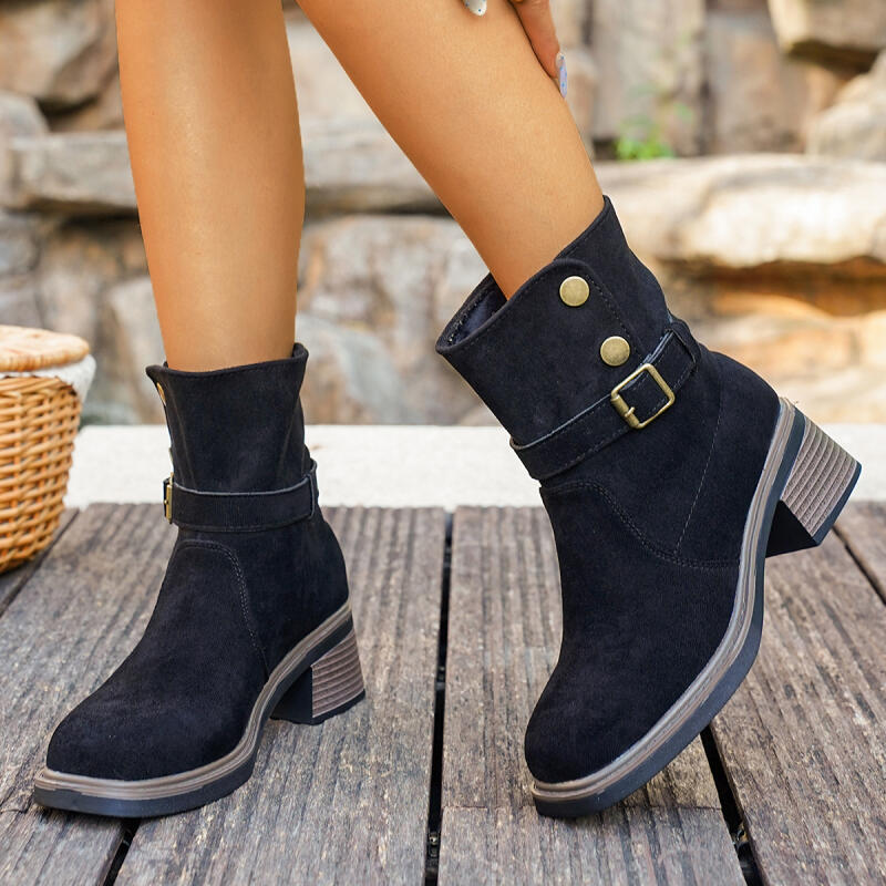 Vintage Square Toe Black Suede Ankle Boots Women Winter Metal Buckle Thick Heel Western Cowboy Boots Woman's Short Booties