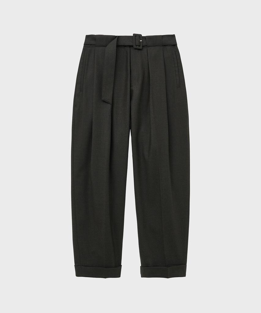 NOIRER Wool Belted Double-Pleated Slouchy Slacks (Brown)
