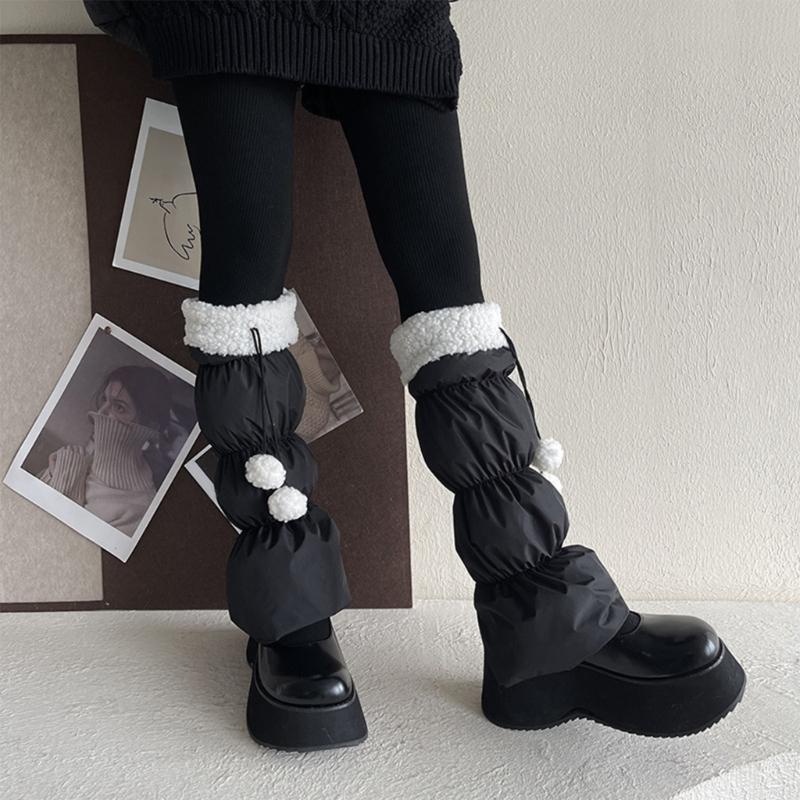 Lamb Fleece Trim Padded Puffer Leg Warmers with Cute Plush Balls for Women Warm Thermal Quilted Boot Cuffs Foot Covers