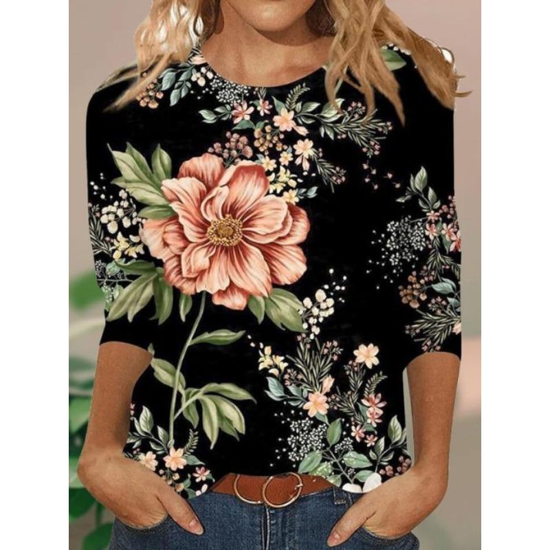 Women's T-shirt 3d Print Vintage Floral Print Casual Long Sleeve Round Neck Regular Tops Daily Print Pink, Spring and Autumn