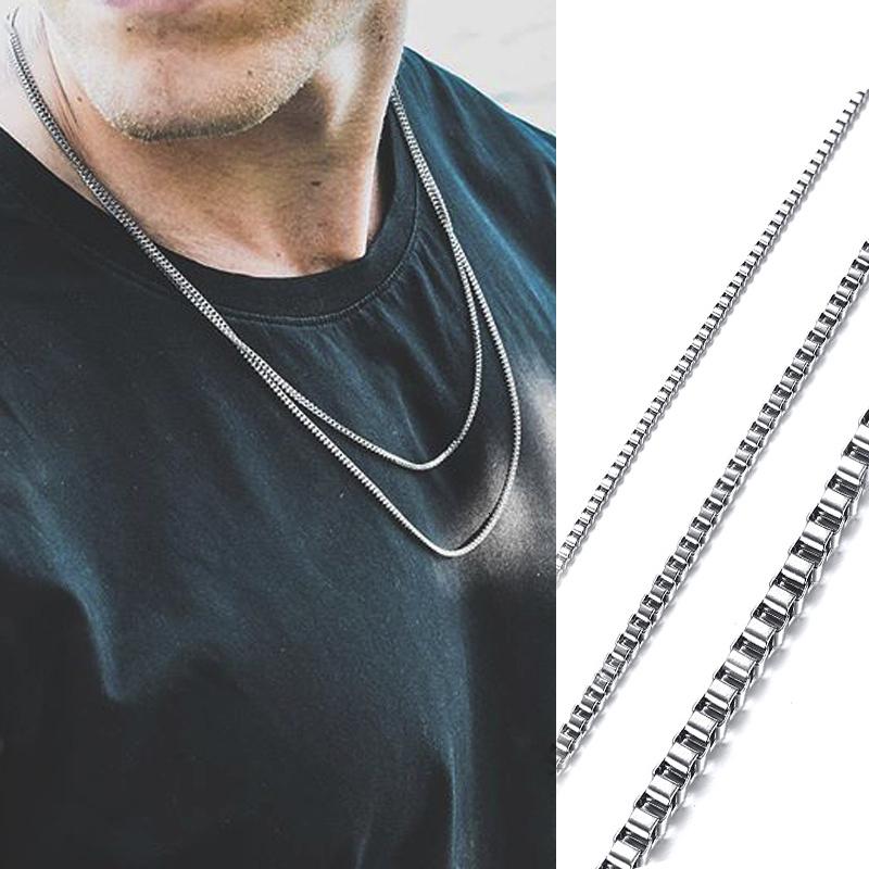 Mens Thin Box Chain Necklace,1/2/3MM Stainless Steel Chain Link Collars Gifts,Male Zircon,18 to 24 Inch