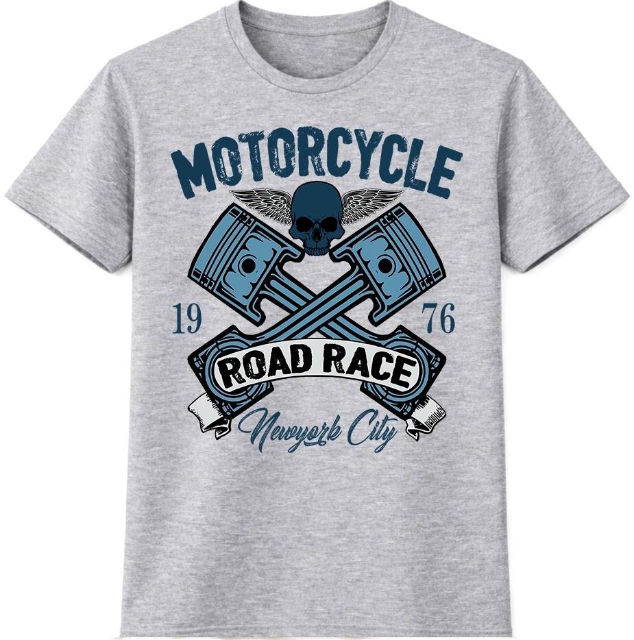Motorcycle T-Shirt Road Race Skull Wings Crossed Pistons Biker Tee S