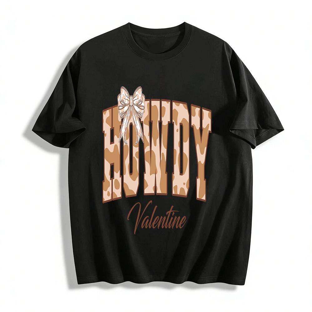 Western Leopard Print Bow Howdy Valentine Casual Top Pure cotton T-shirt XXS