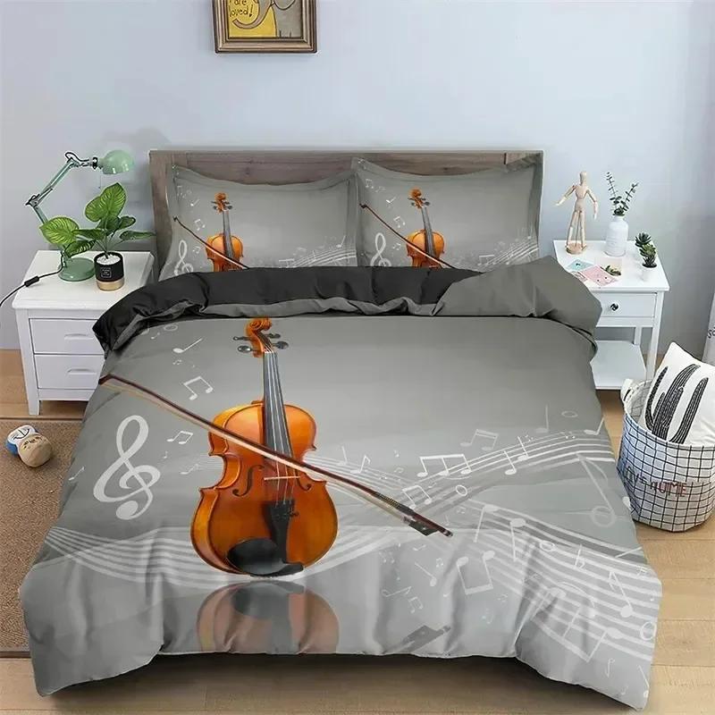 Music Theme 3D Microfiber Musical Symbols Comforter Cover Violin Piano Pattern Bedding Set Twin King Single Queen Size