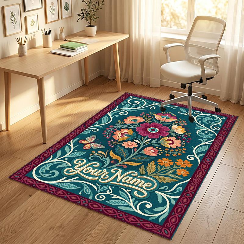 Floral Art Card Theme Soft Crystal Velvet Rug Custom Name & Text Print Non Slip Floor Rug for Bedroom Living Room