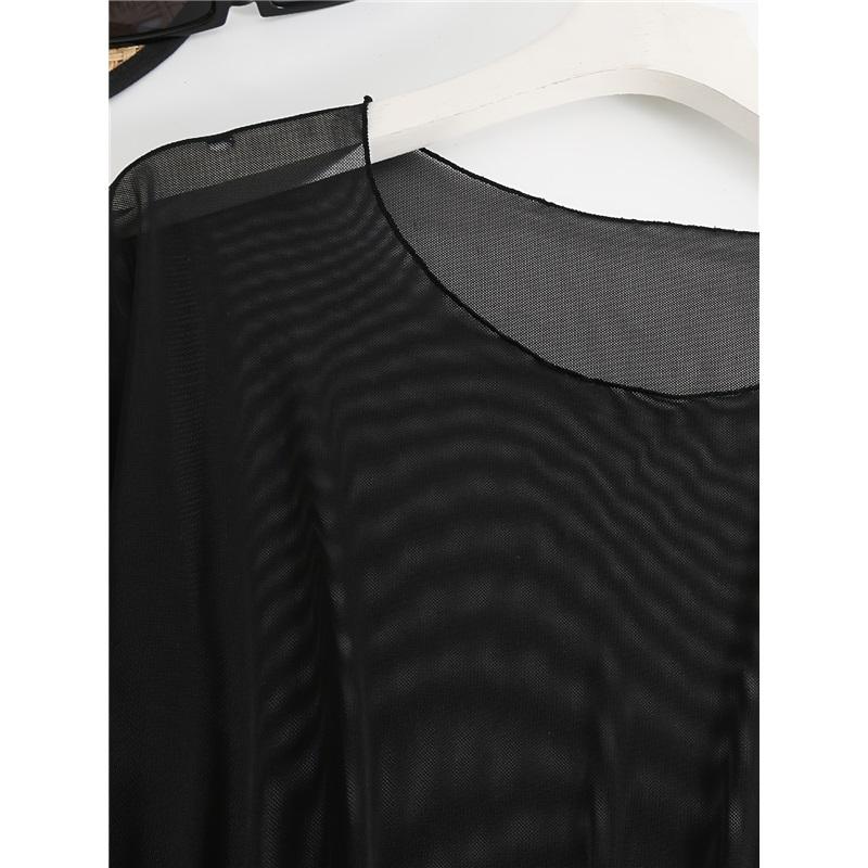 Solid Color Sexy Sheer Mesh Women's Swimsuit Cover-Up | Short Sleeve Beach Dress with High Elasticity, All-Season Stretchy