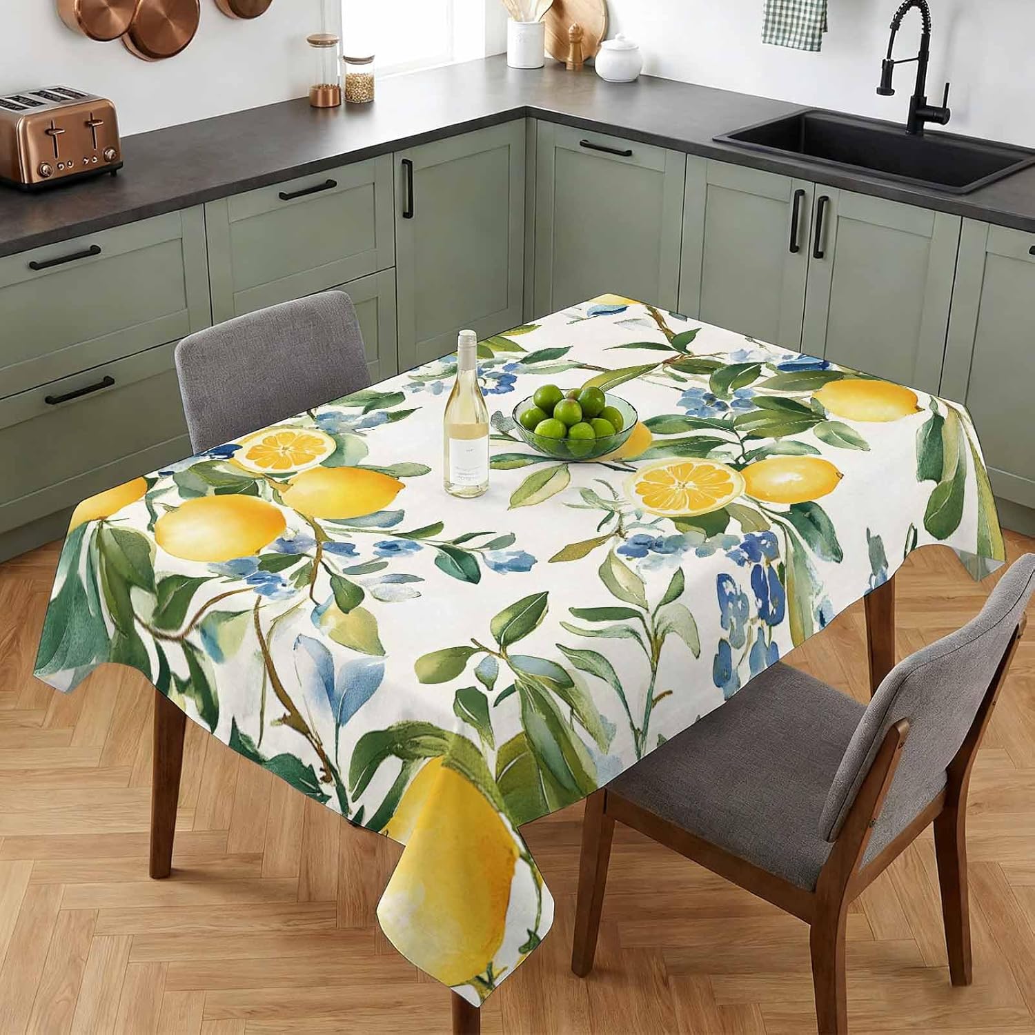 Zomer Citroen Blauwe Bloemen Bladeren Rechthoekige Tafelkleed voor Tafeldecoratie Wasbaar Boerderij Keuken Eettafel Kleed Feestdecoratie 140x140cm