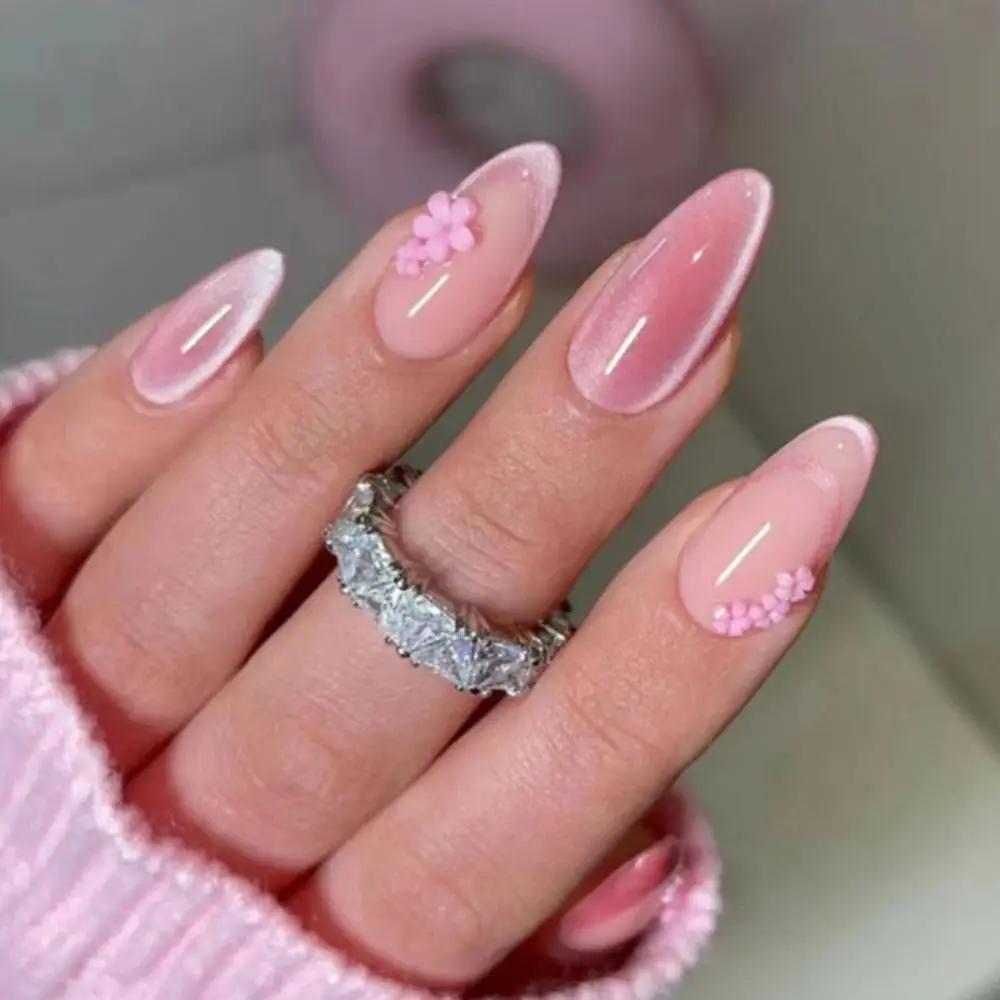 24Pcs Sweet Pink Almond Fake Nails Stiletto Pink Bowknot French Cute Pearl Bows Fake Nails Girls Women Wearable Manicure