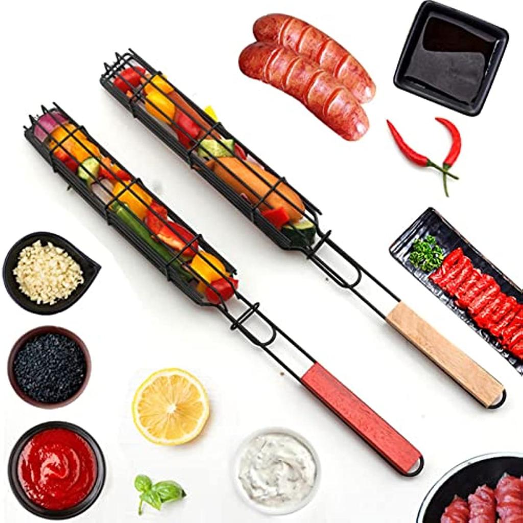 Kabob-Grillkorb, Grillspieße, antihaftbeschichtet, Kabob-Grillkörbe, Set mit 6 und 6 Grillspießen, Grill- und Grillutensilien