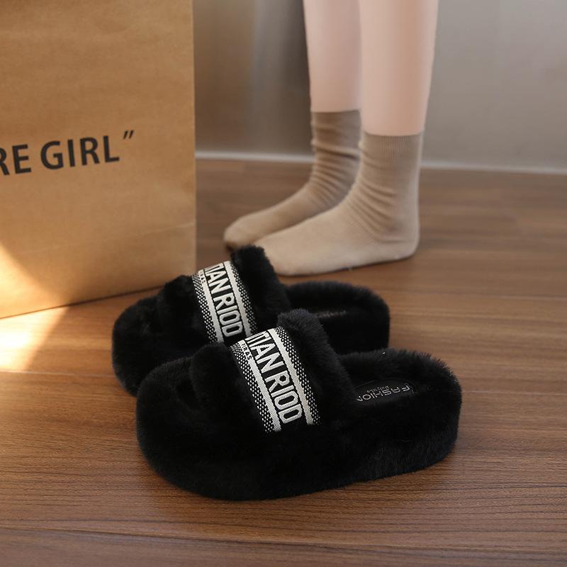 Thick-soled Fluffy Slippers for Women's Autumn and Winter Wear 2025 New Office Home Plush Slippers Popular Cotton Slippers