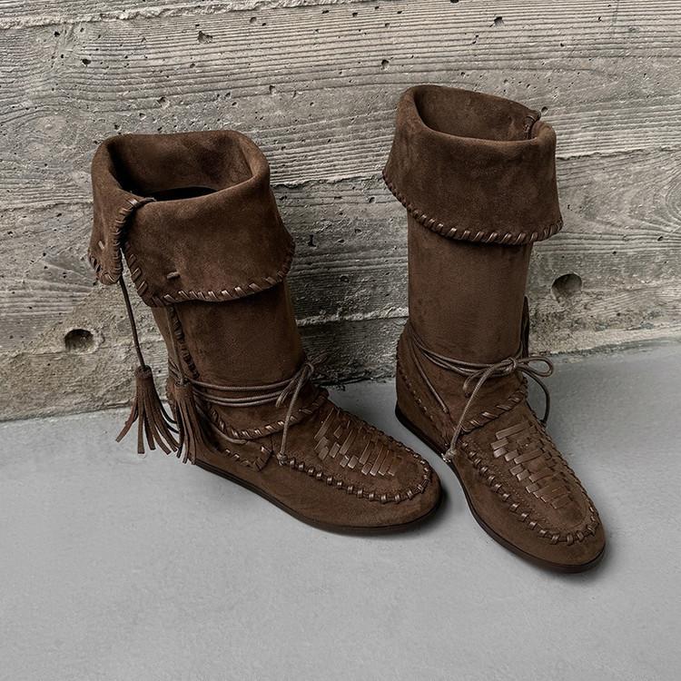 Round Head Suede Boxing Boots Women's 2025 New Inner Height Increase Lace-up Retro Weaving Versatile and Comfortable Two-wear Casual Shoes