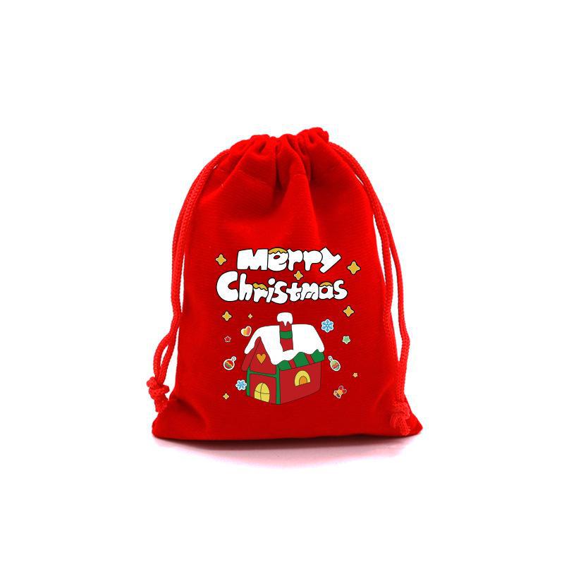 Cross-Border Cartoon Christmas Gift Bag: Red Drawstring Flocking Apple Packaging