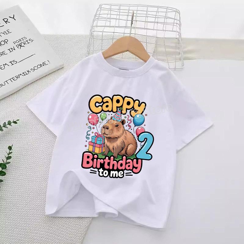 Capybara Numbers Round Neck Clothes Children Birthday T-Shirts Cartoon Tops Summer Girl T Shirt Animal White Shirts Kid Clothing