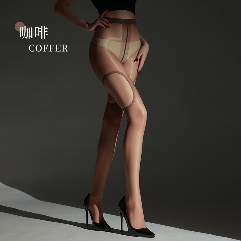 Sexy Aurora Stockings Thigh Four-Sided Hollow Fake Strap 0D Ultra-Thin Transparent Glossy Black Silk Women Pure Desire Style Tem