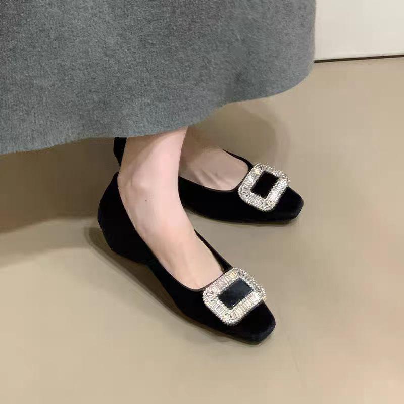 Square buckle rhinestone thick heel one pedal single shoes women's spring and autumn new commuter suede square head wedge heel women's shoes