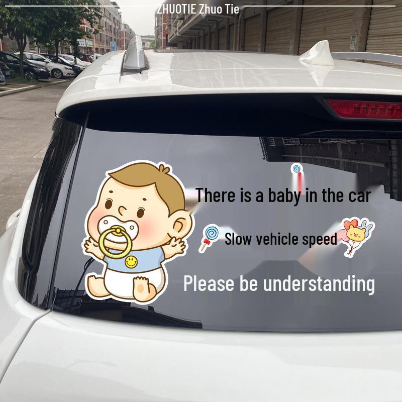 Baby On Board: Please Drive Slowly - Cartoon Waterproof Reflective Rear Window Sticker