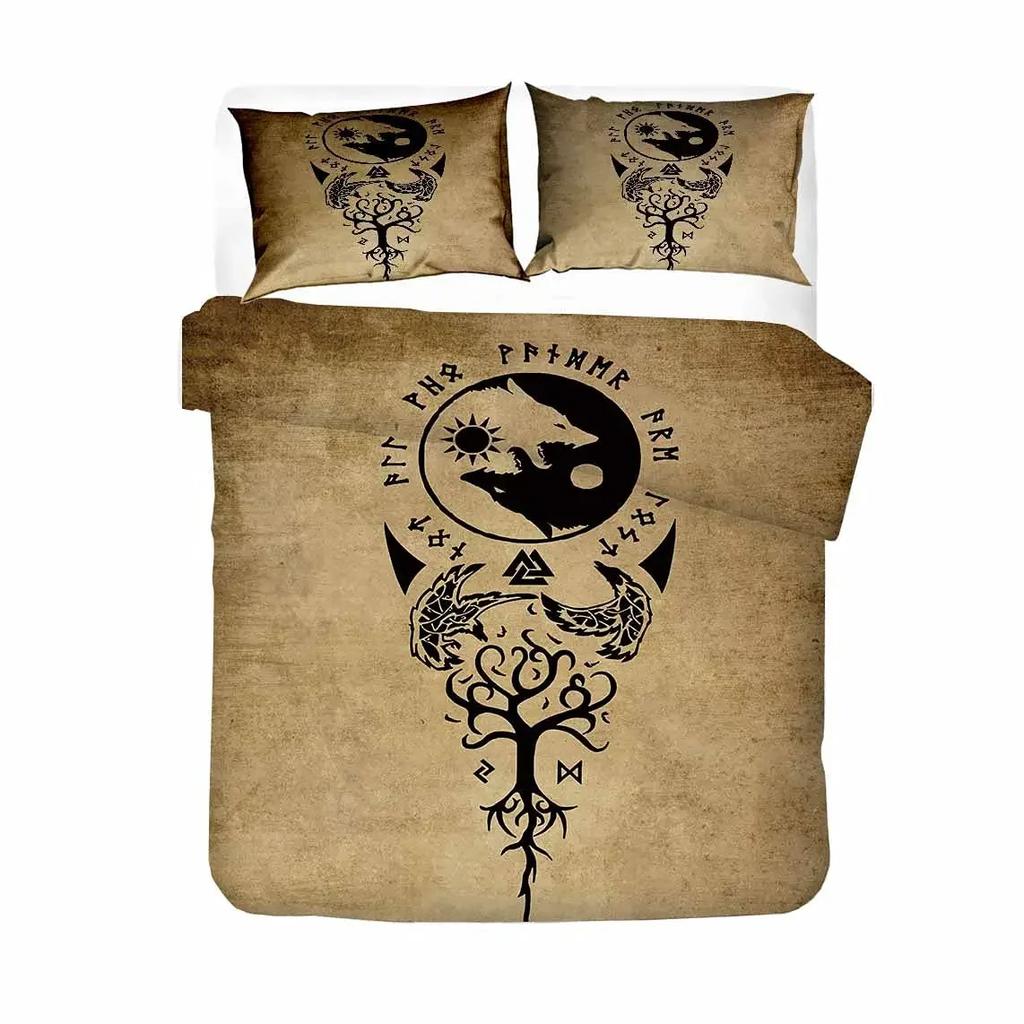 Wikinger Vintage King Queen Bettbezug Nordischer Mythos Bettwäsche Set Mittelalter Folklore Totem Quiltbezug Grau Polyester Bettbezug