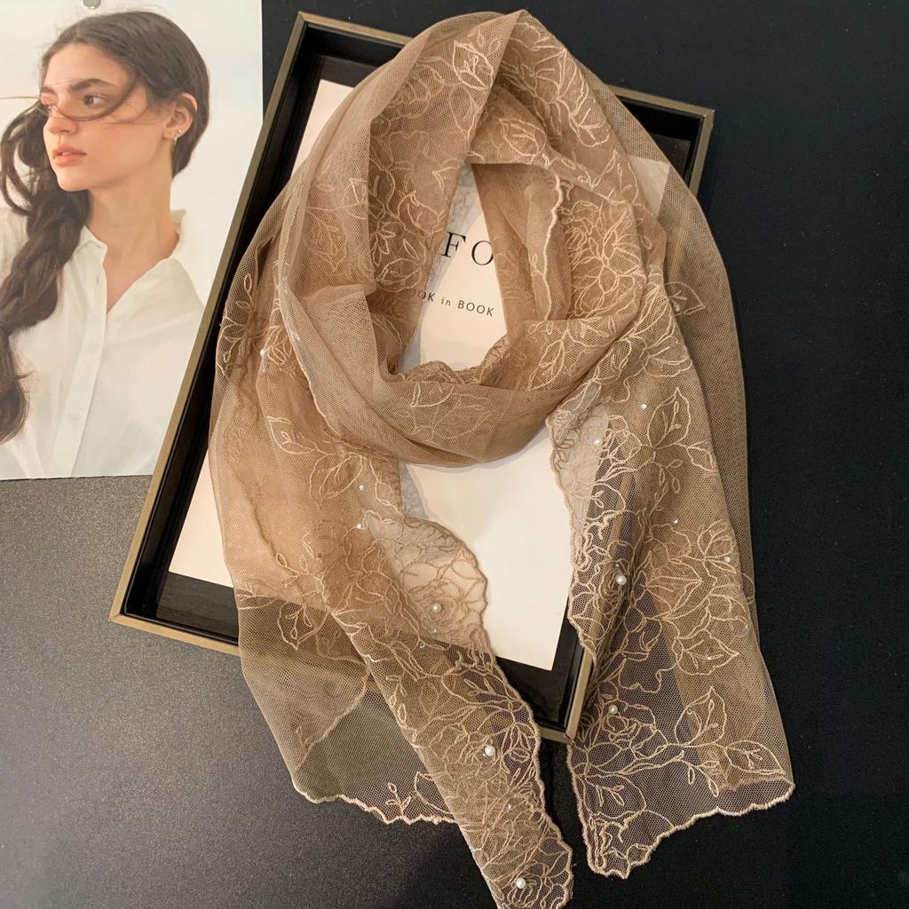 Vreovor Lace Pearl Diamond Silk Scarf Korean Version Versatile White Lace Embroidery Headband Dress Waist Seal