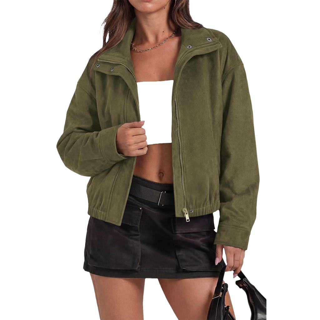 Women's Casual Slim Fit Short Zip Up Jacket with Turn-Down Collar for Everyday Wear
