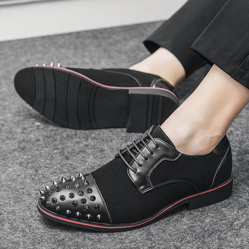 New Black Pointed Suede Studded Rivet Casual Oxford Shoes For Men Formal Wedding Dress Homecoming Sapato Social Masculino