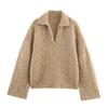 Womens Long Sleeve Knit Pullover Sweater With Polo Collar Washed Effect Loose Fit Office Casual Style