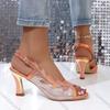 Fashion Comemore High-heeled Sandals Fashion Mesh Rhinestone Fish Mouth Summer Shoes for Women Large Size Side Hollow Roman Sandales