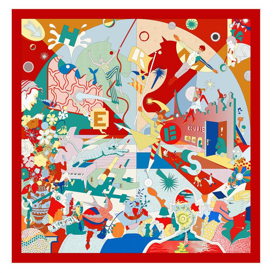 Silk Scarf Women Circus Troup Print Square Scarves Head Echarpes Silk Foulards Femme Wraps Beach Shawl Bandana Lady Hijabs 90CM