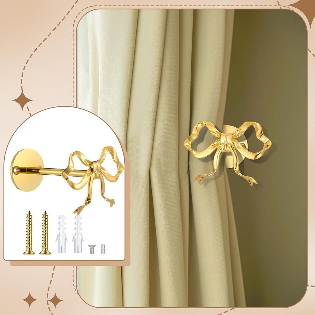 2 Pcs Metal Bow Curtain Holdbacks Gold Wall Mounted Bow Curtain Hold Backs Curtains Modern Gold Holders for Living Room Bedroom Office Home