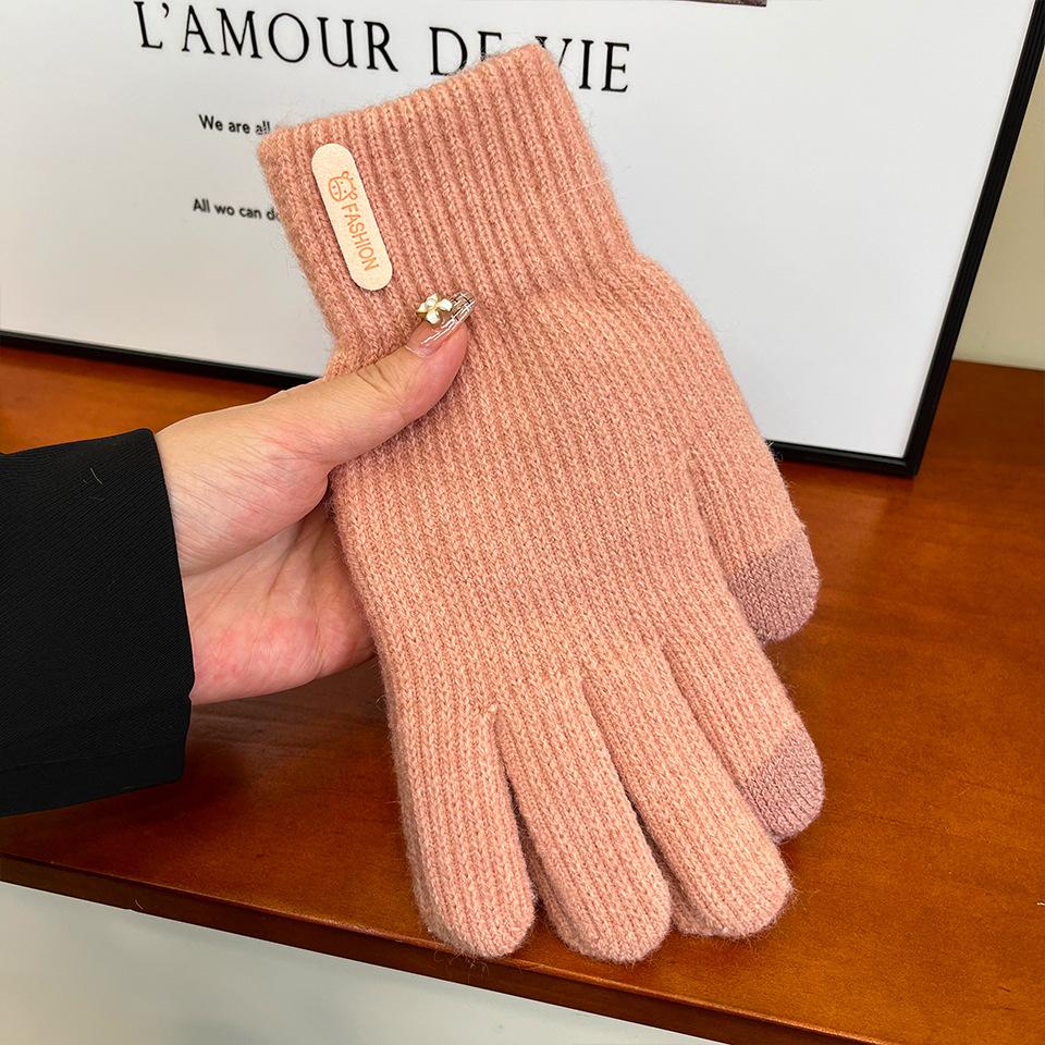 Women's Knitted Warm Gloves Thickened Plush Solid Color Simple Cycling Touch Screen Gloves