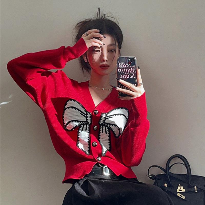 

Темпераментный вязаный светский бант-топ женский осенне-зимний кардиган в стиле вестерн one size красный