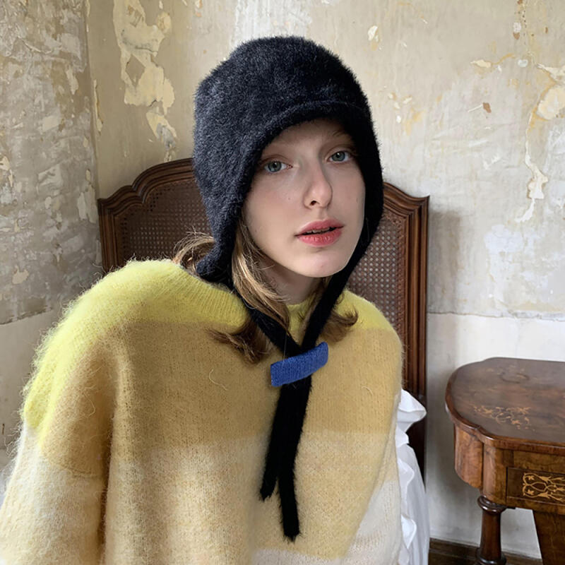Angora Fur String Bonnet Hat Black BLACK
