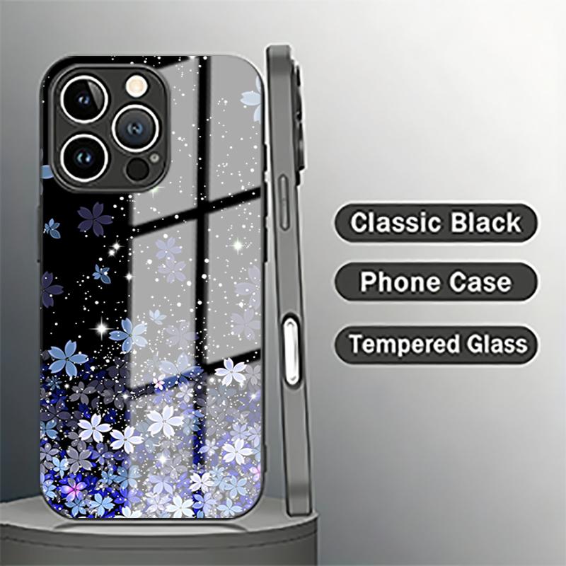 Starry Sky Blue Purple Floral Tempered Glass Phone Case For Samsung Galaxy S26 Ultra S25 S24 Ultra Plus 5G S23 FE Protect Cover