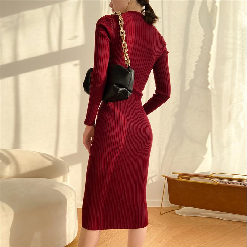 Elegantní Office Lady Bodycon Pletené šaty Ženy Sexy vlnité Společenské šaty s výstřihem do V Podzim Zima Slim Fit Šaty pod kolena s dlouhým rukávem