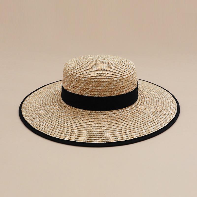 

Fashion Flat Top Hand Woven Natural Straw Women s Wide Brim Boater Hat Black Red Edge Wrapping Summer Beach Sunhat Designer Hats 54-58cm чорний