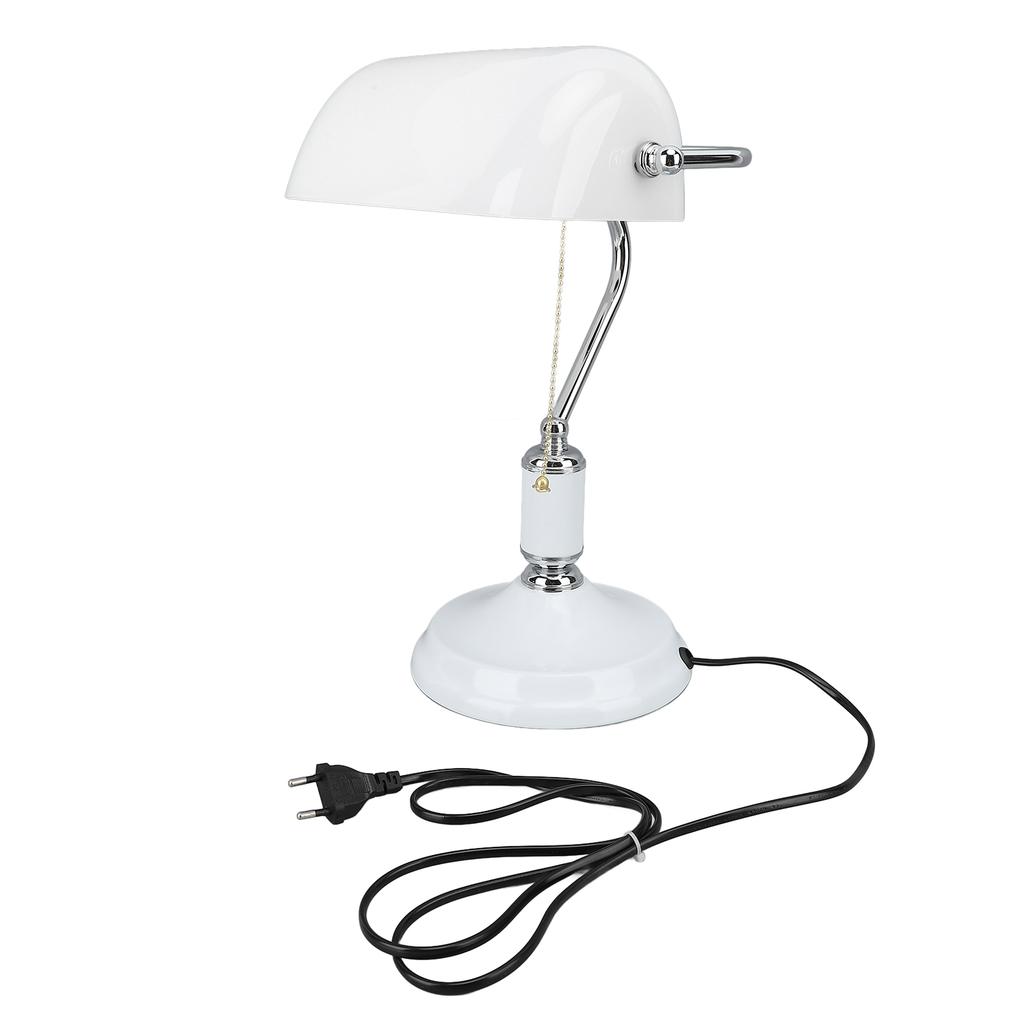 Bankers Table Lamp White Glass Vintage Style Desk Lamp with Retro Pull Chain Switch Reading Table Lamp