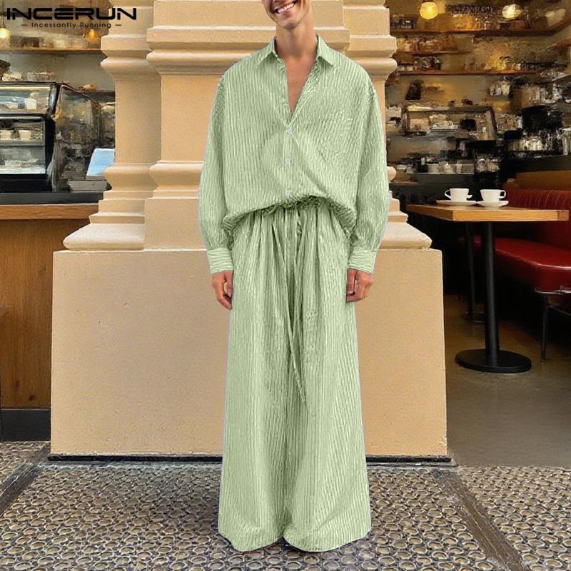 INCERUN Two Pieces Men Lapel Neck Long Sleeve Striped Shirt Long Wide Leg Pants Sets Outfits