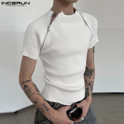 Summer Men Zip Front Short Sleeve Slim Tops